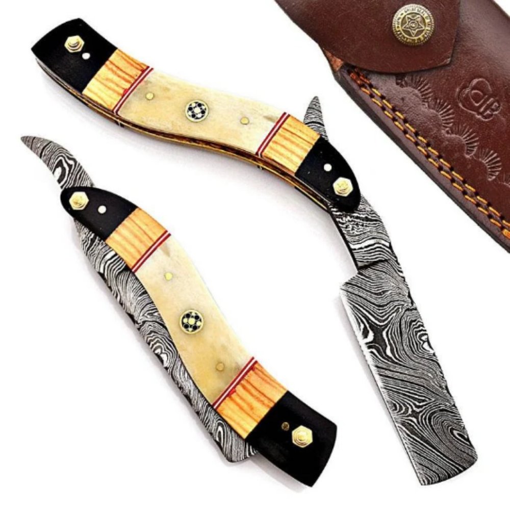 Original Damascus Folding Razor Bull Horn & Bone and Wood Handle - Pocket Razor